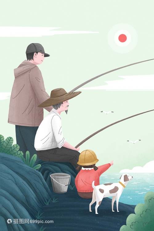 陪伴老人海边钓鱼竖版插画