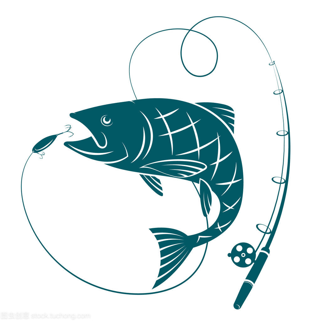 鱼和钓鱼杆。捕鱼的剪影