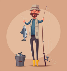 钓鱼竿渔夫。卡通矢量插画