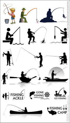 矢量卡通钓鱼黑白人物剪影插画图片